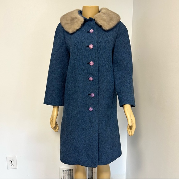 Vintage 50s/60s Presentation Brand Blue Cream‎ Mink Collar Formal Coat Medium - Picture 1 of 9